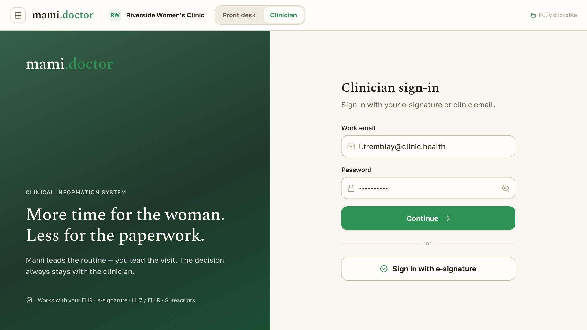 mami.doctor — вхід клініциста за e-підписом; працює з EHR (HL7 / FHIR)