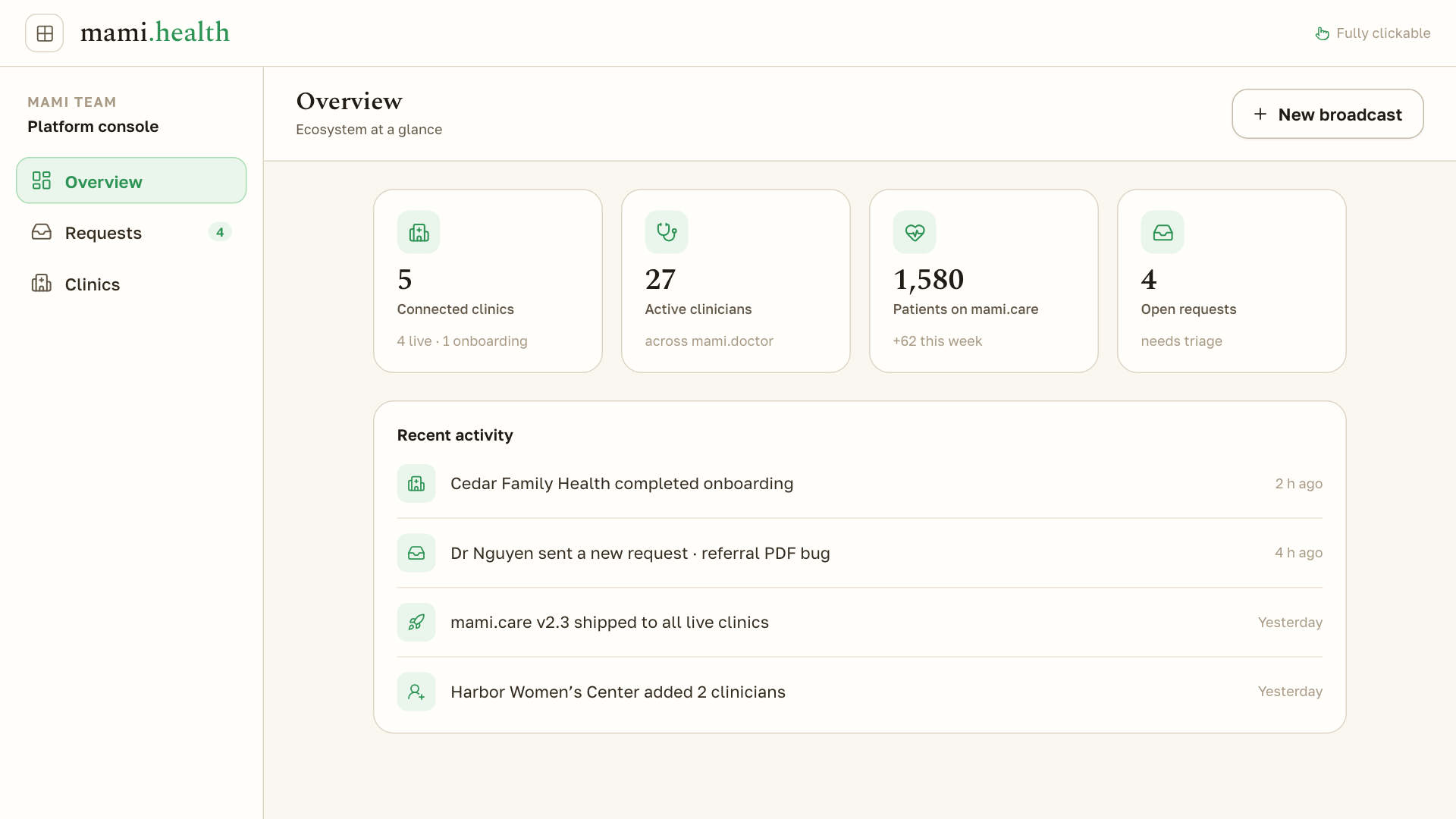 mami.health — консоль платформи: клініки та черга запитів від клініцистів